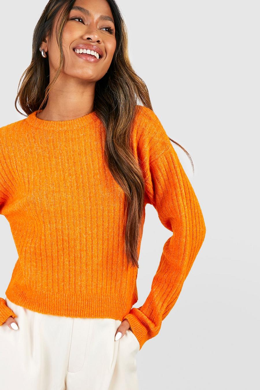 Orange Mjuk ribbstickad kort tröja image number 1