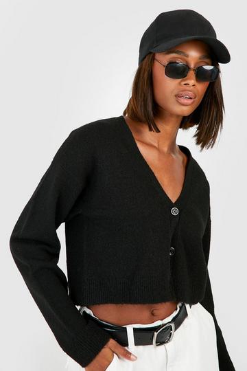 Black Soft Knit Fine Gauge Crop Cardigan