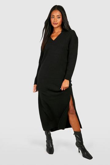 Black Polo Collar Soft Knit Fine Gauge Maxi Dress