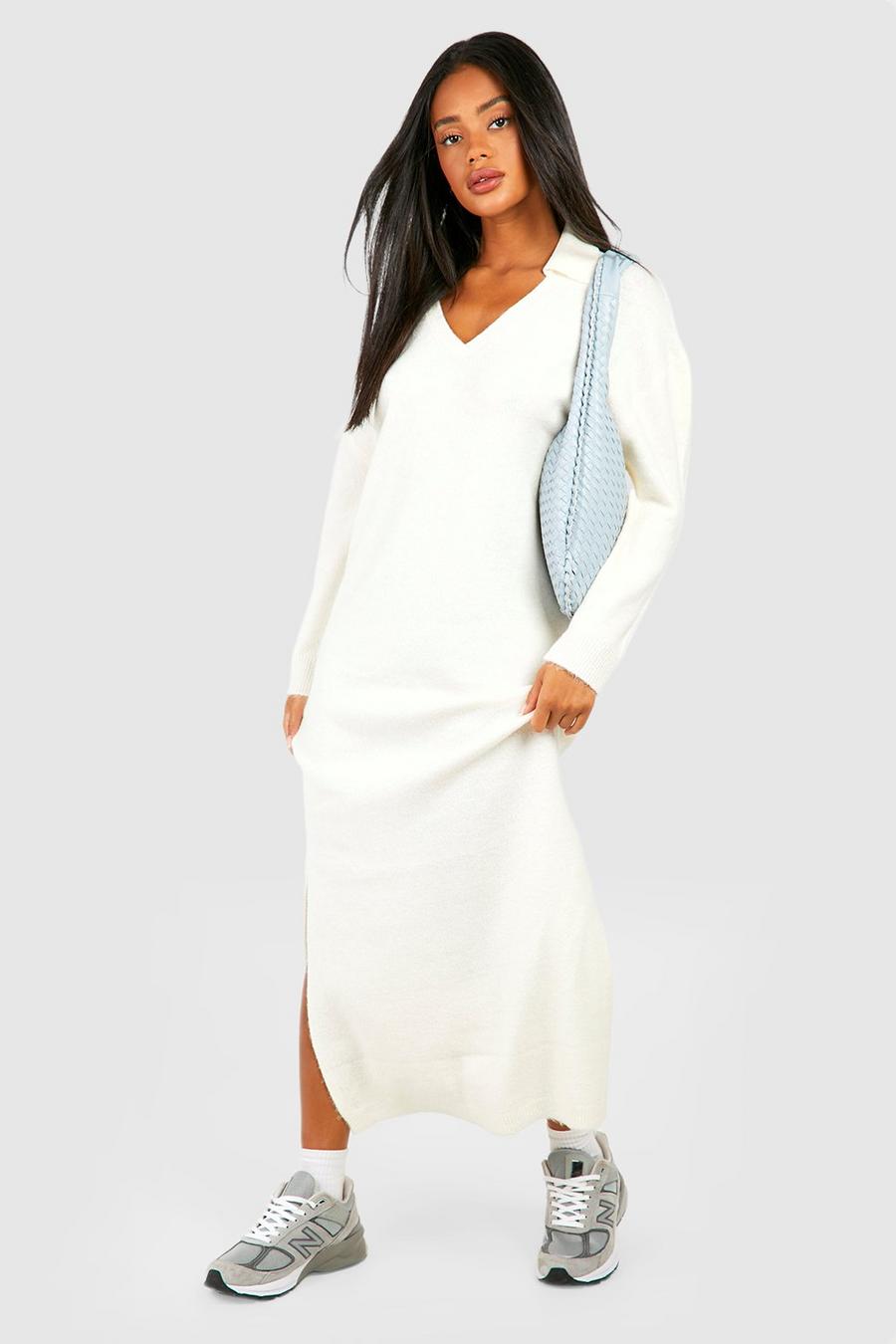 Ecru Polo Collar Soft Knit Fine Gauge Maxi Dress  image number 1