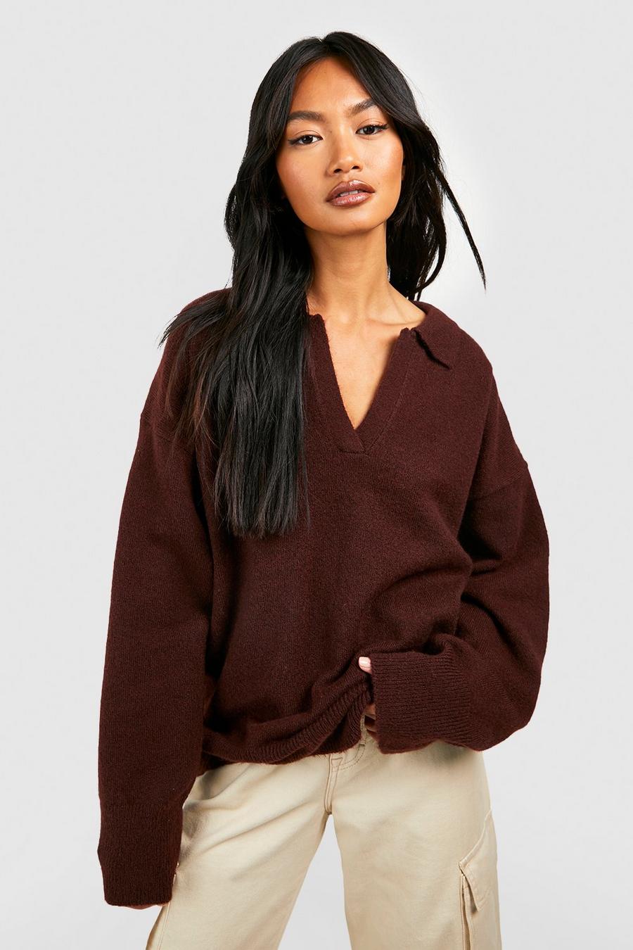 Chocolate Oversized Soft Knit Polo Collar Jumper image number 1