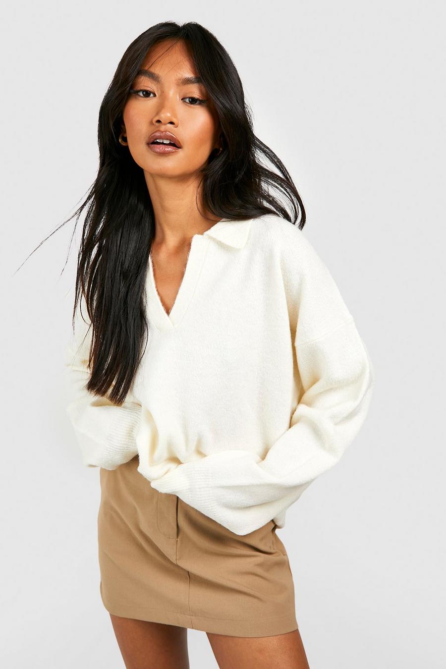 Ecru white Soft Knit Polo Collar Sweater