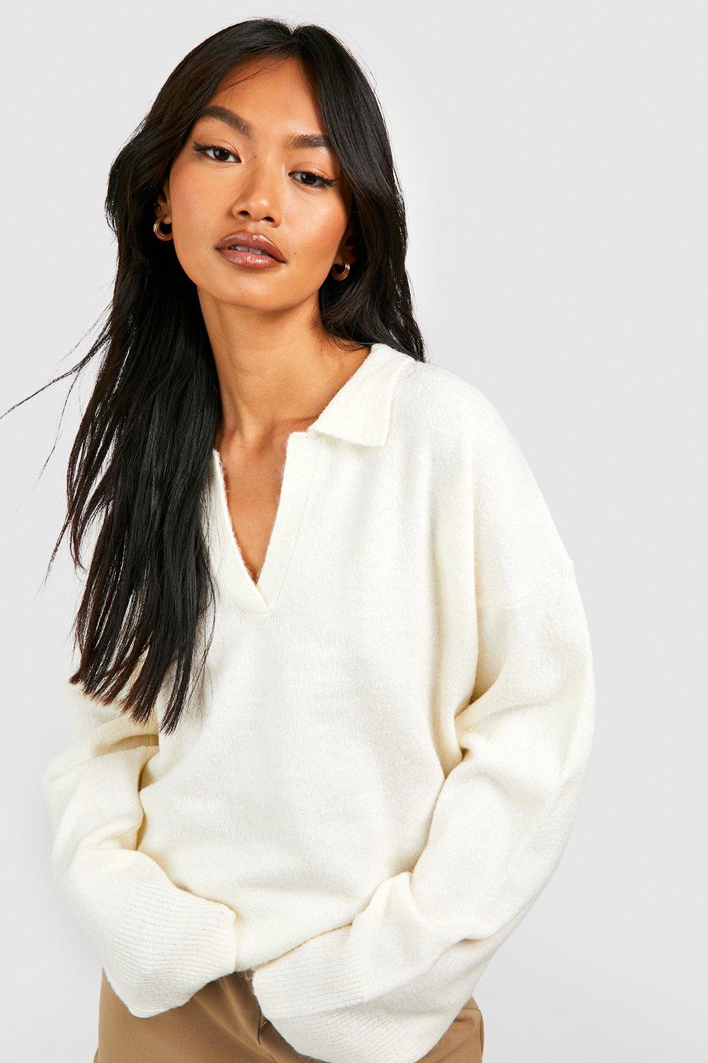 Oversized Soft Knit Polo Collar Jumper boohoo UK