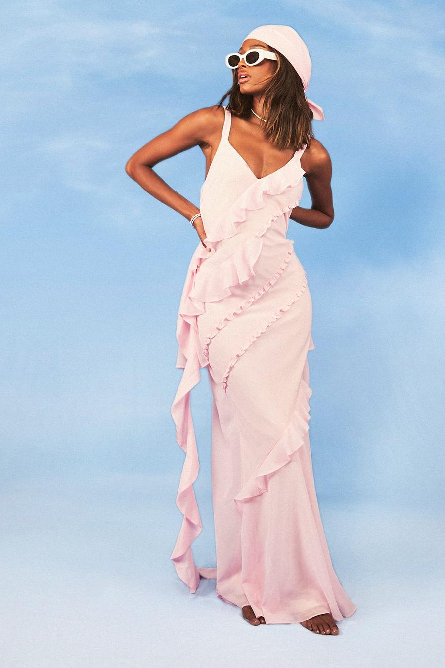 Baby pink Chiffon Ruffle Trim Maxi choice Dress image number 1