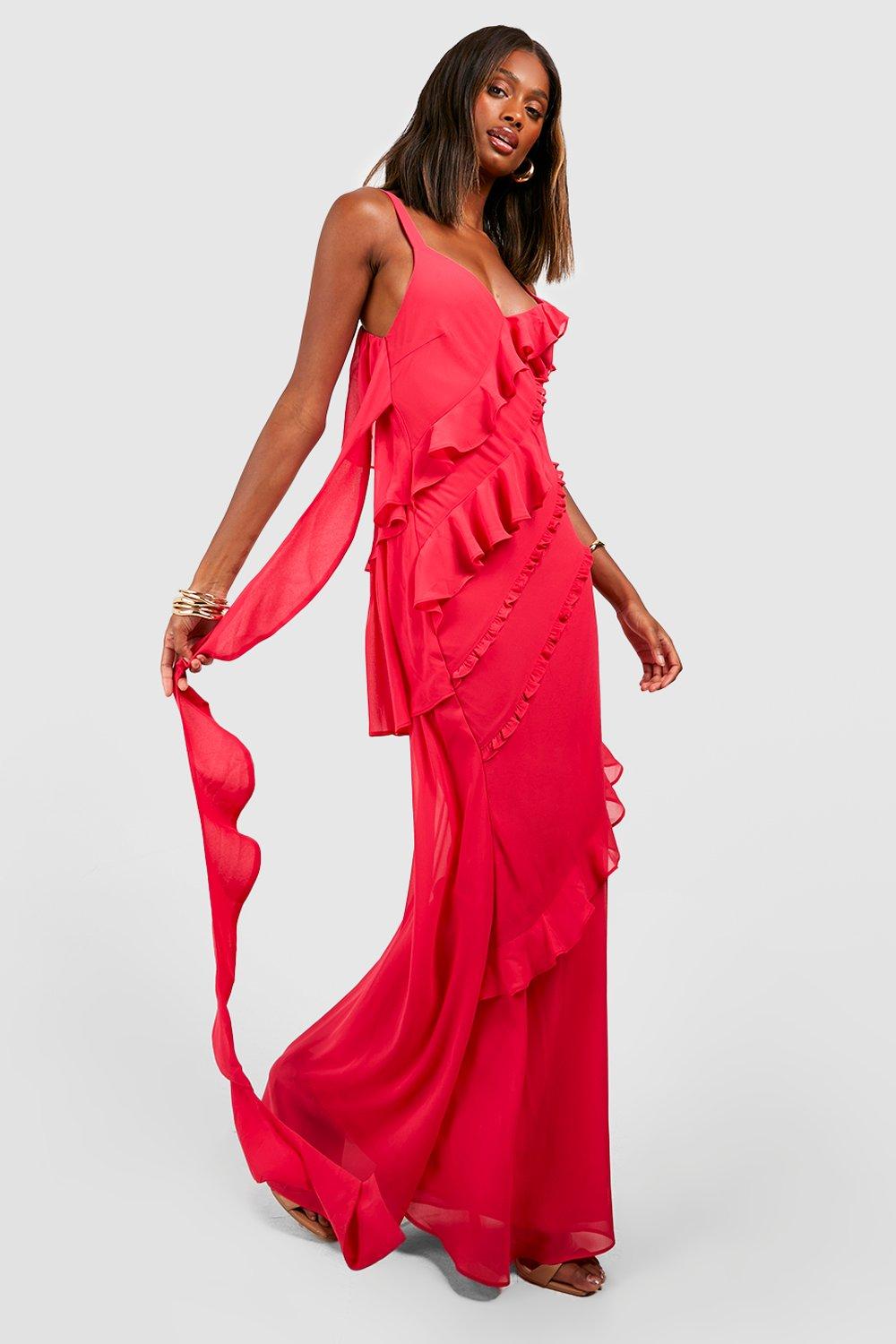 Red Chiffon Ruffle Layer Maxi Dress