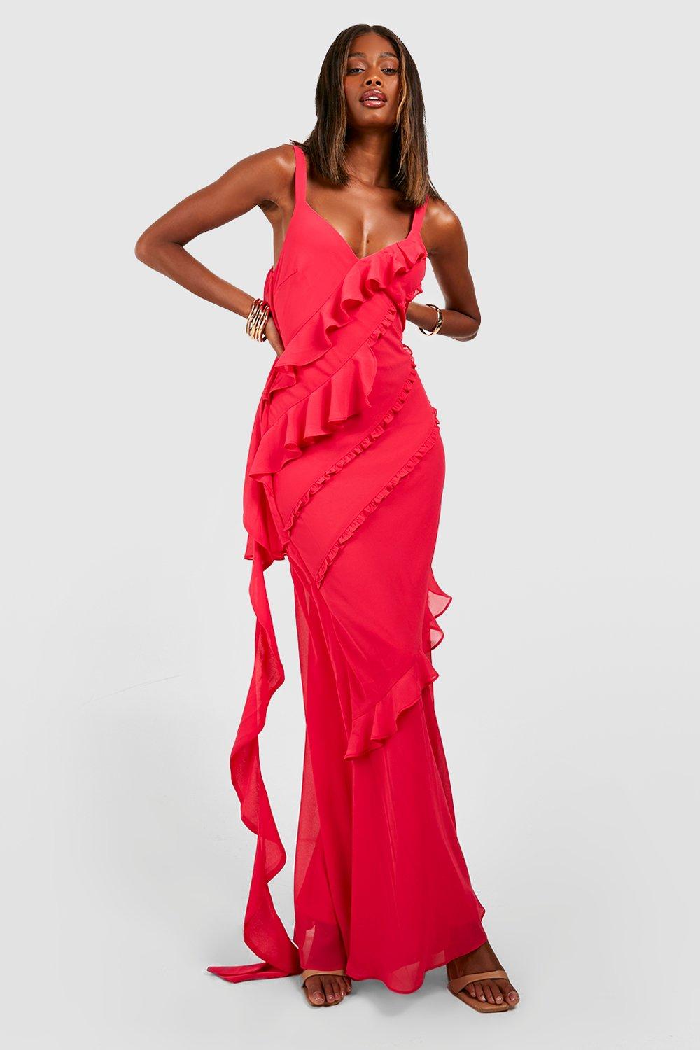 Boohoo red ruffle dress sale