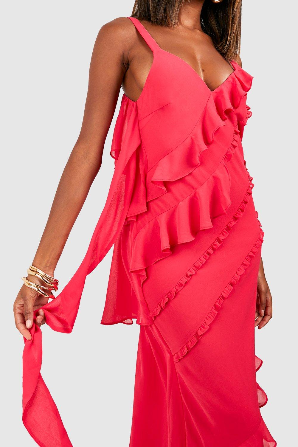 Red Chiffon Floaty Ruffle Trim Tie Maxi Blouse