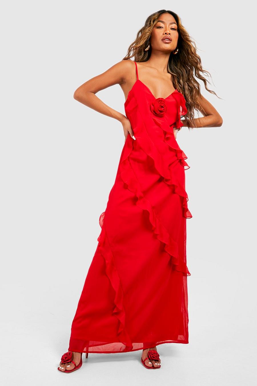 Red Rose Corsage Detail Ruffle Maxi Dress image number 1