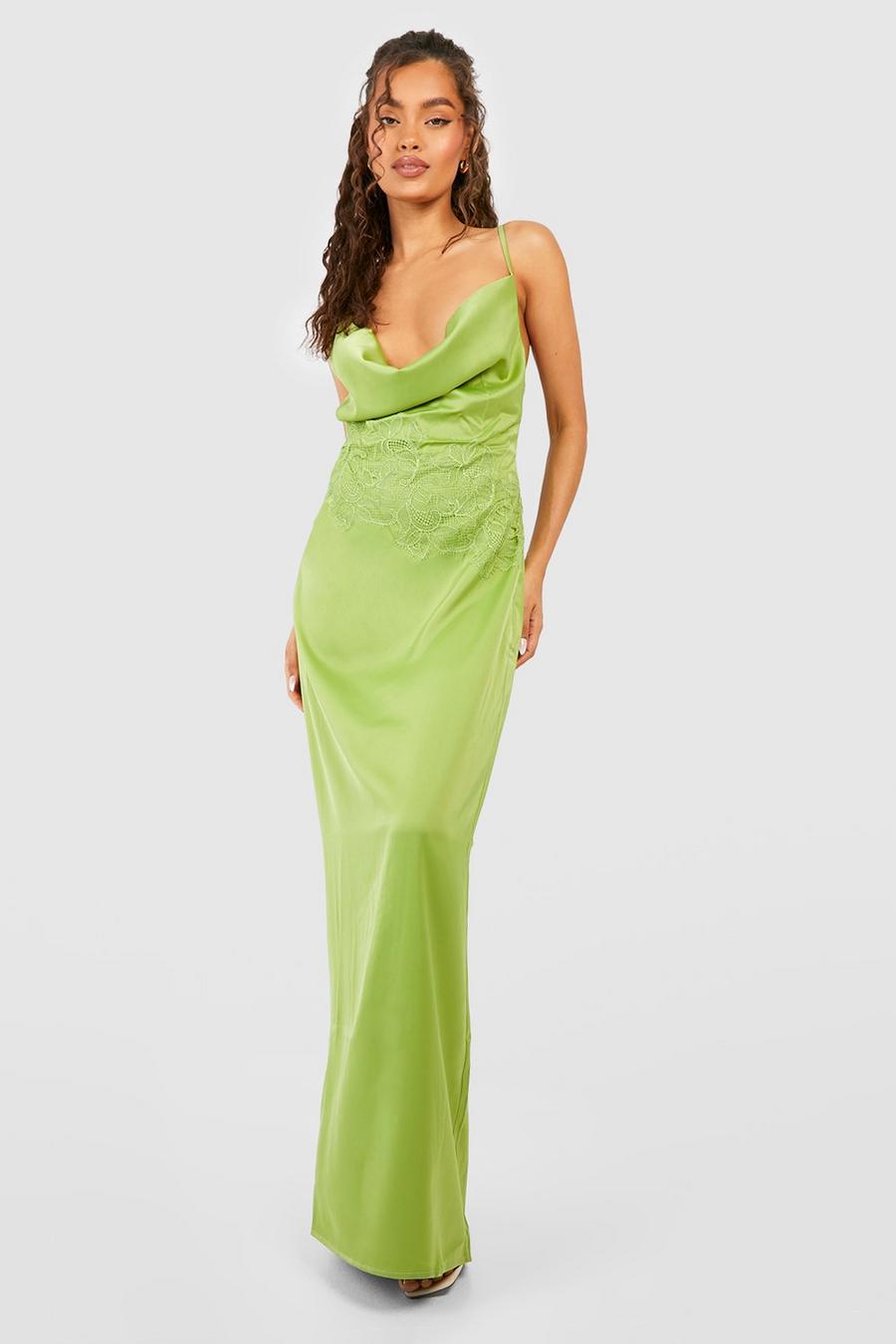 Lime verde Lace Detail Satin Maxi Dress image number 1