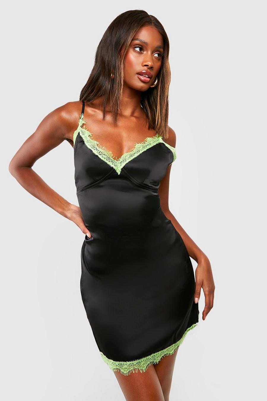 Print Lace Slip Dress in Black Print 4-Ply Satin
