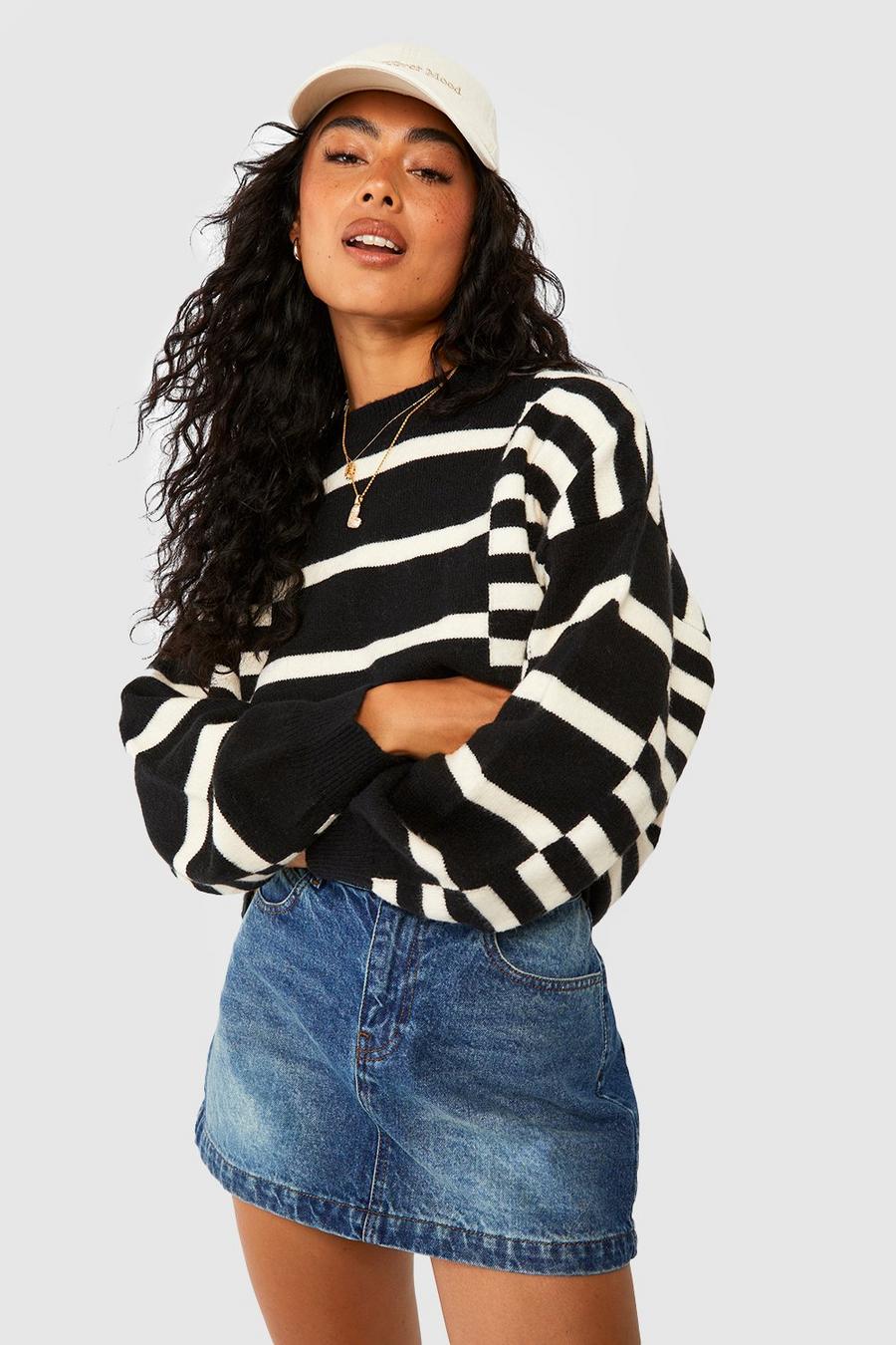 Black Mixed Stripe Oversized Sweater image number 1