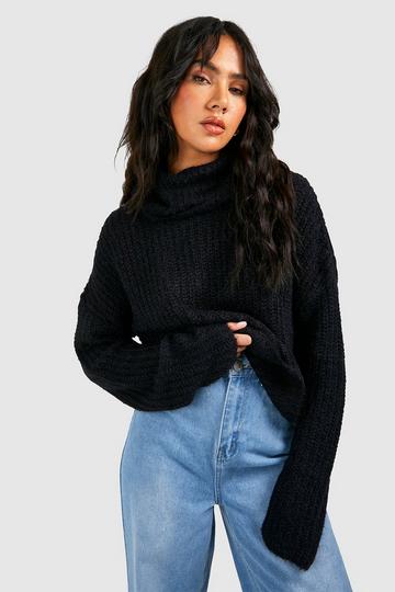 Black Fluffy Knit Turtleneck Crop Sweater