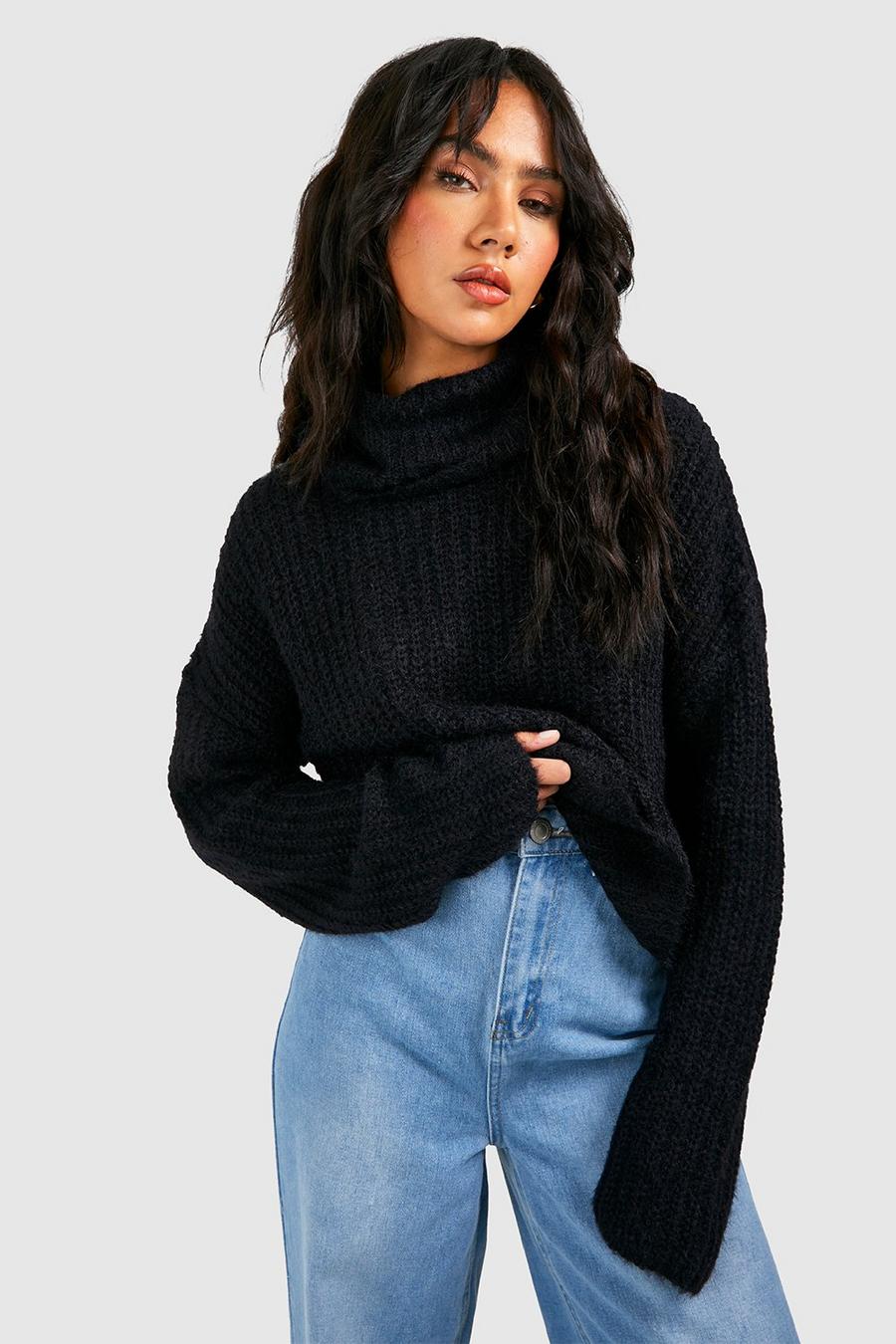 Black Fluffy Knit Turtleneck Crop Sweater image number 1