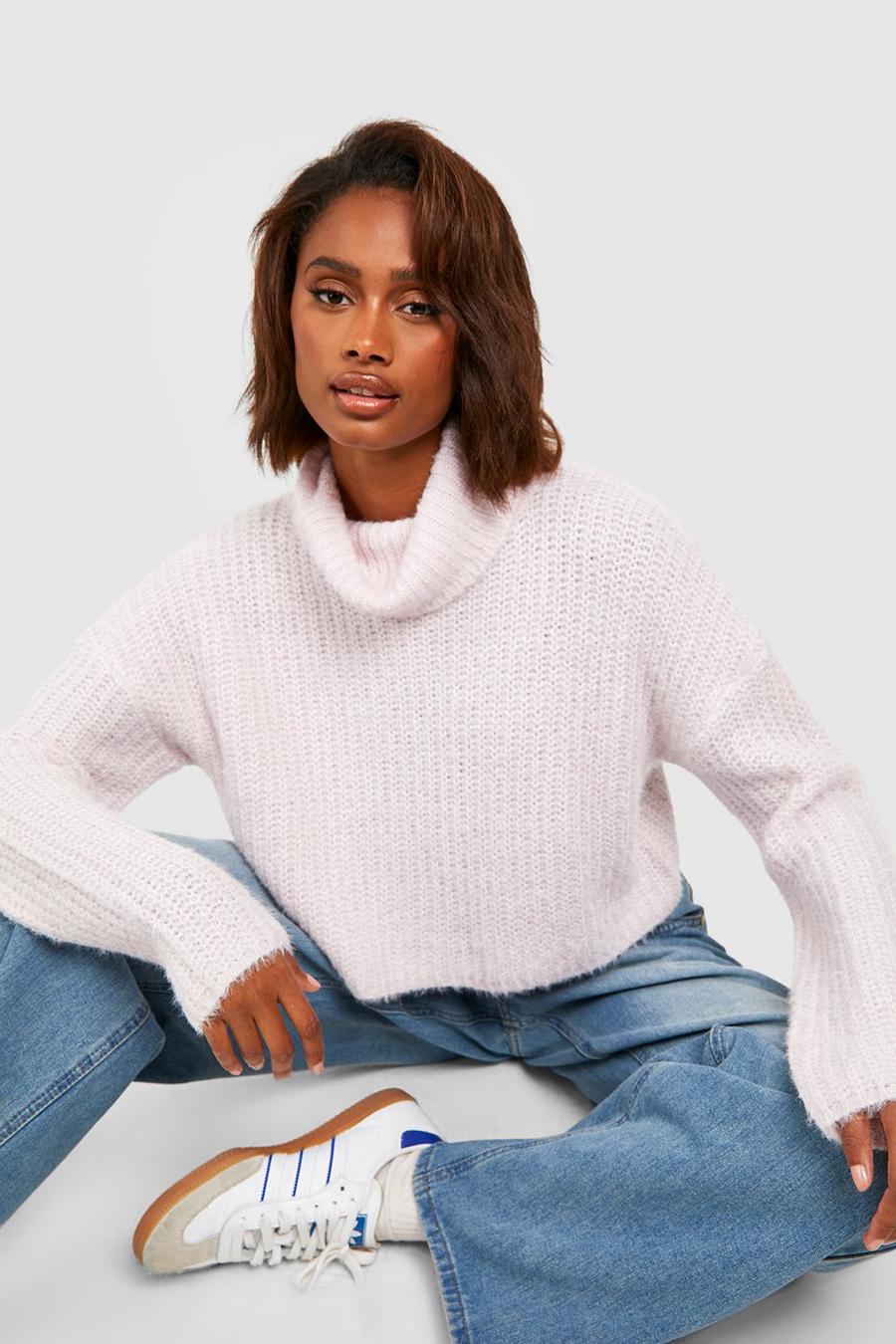 Pink Fluffy Knit Turtleneck Crop Sweater