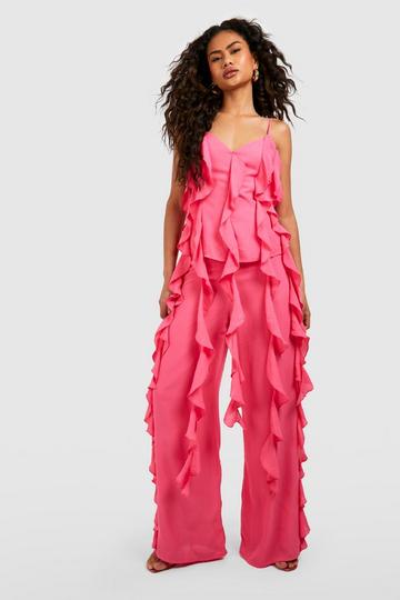 Chiffon-Hose mit Rüschen und weitem Bein pink