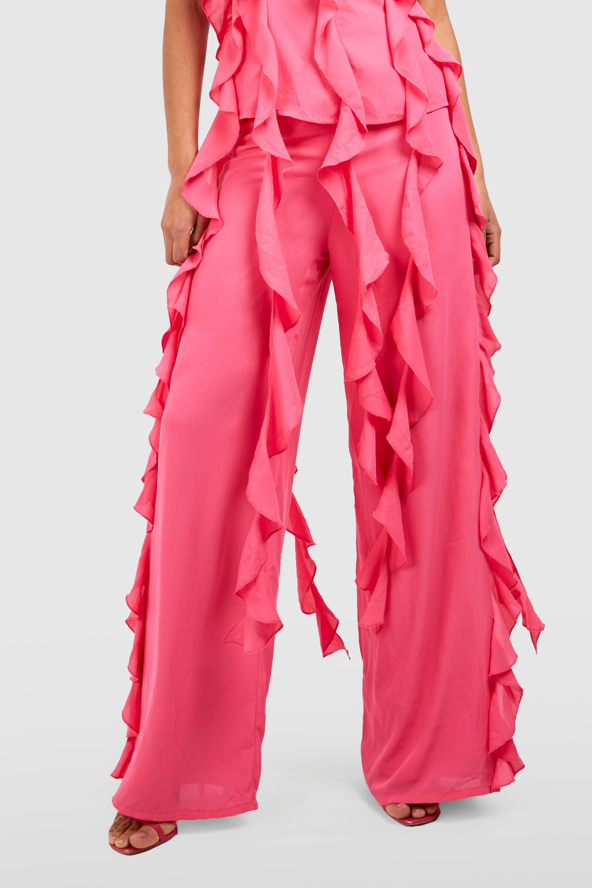 Chiffon Ruffle Side Wide Leg Pants