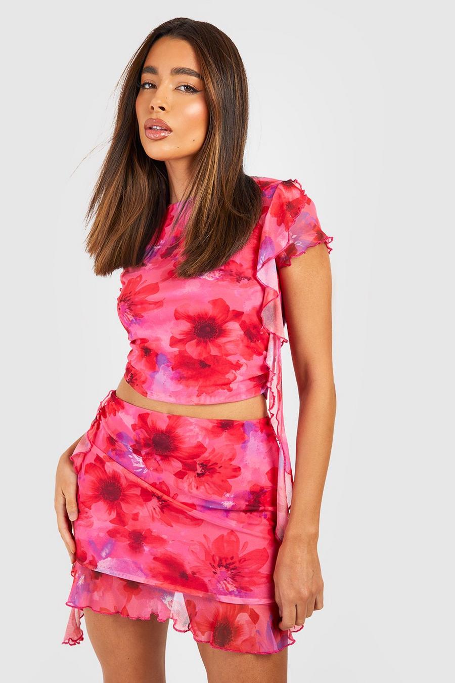 Pink Floral Mesh Ruffle Detail Top & Mini Skirt image number 1