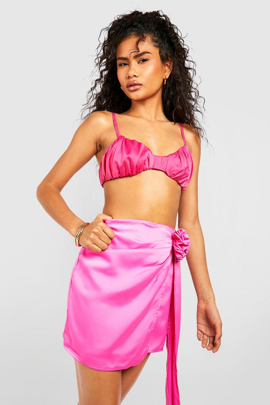 Minigonna in raso drappeggiata con corsetto di rose, Pink image number 1