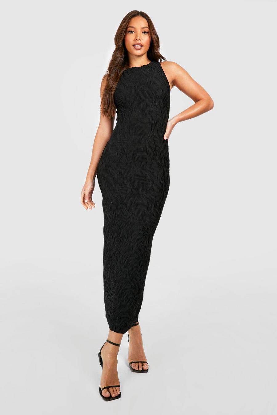 Black Tall Abstract Crinkle Texture Sleeveless Midi Dress image number 1