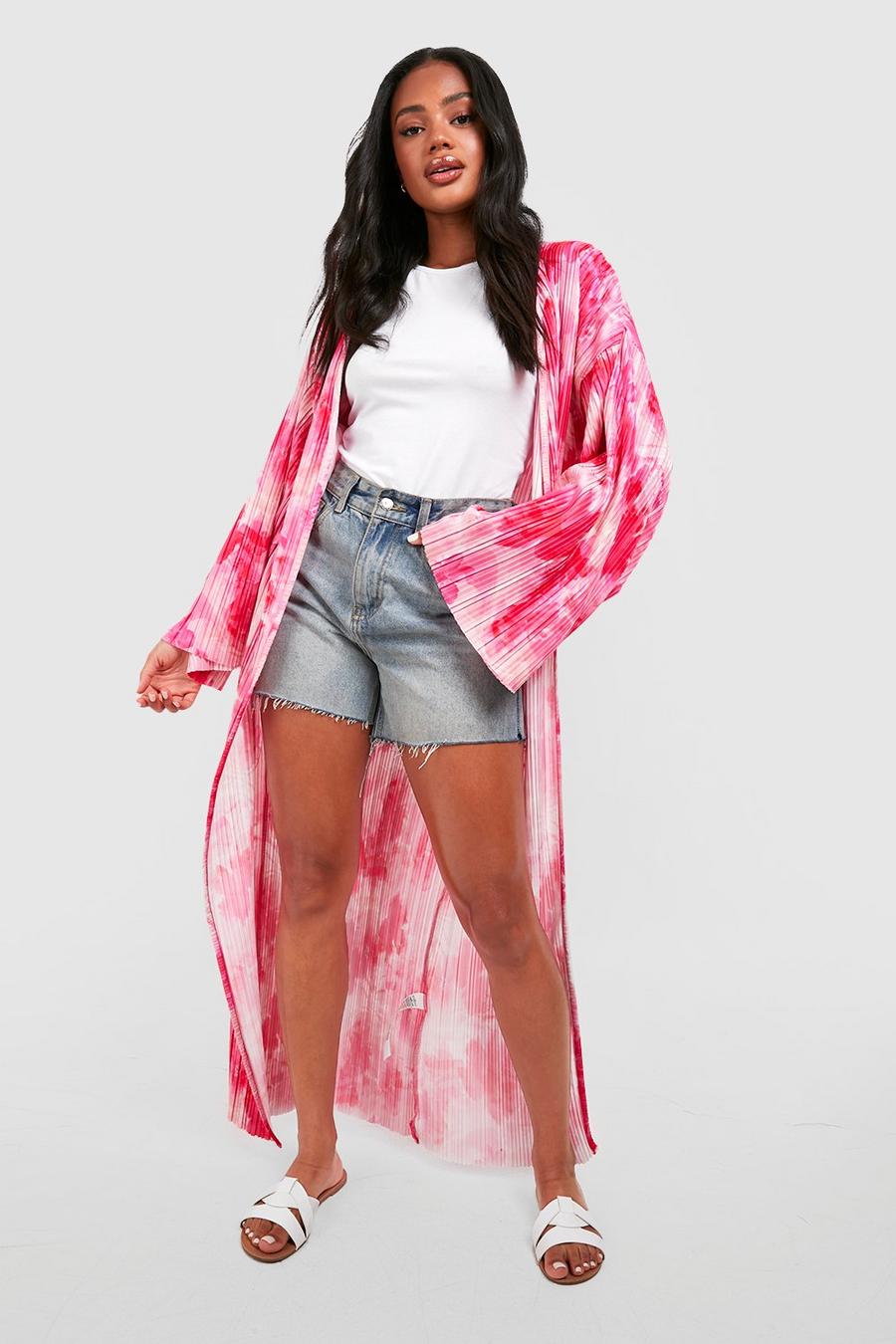 Pink Floral Printed Plisse Wide Sleeve Maxi Kimono image number 1