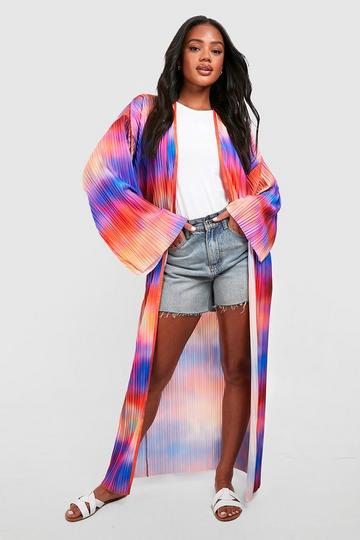 Marble Printed Plisse Wide Sleeve Maxi Kimono blue