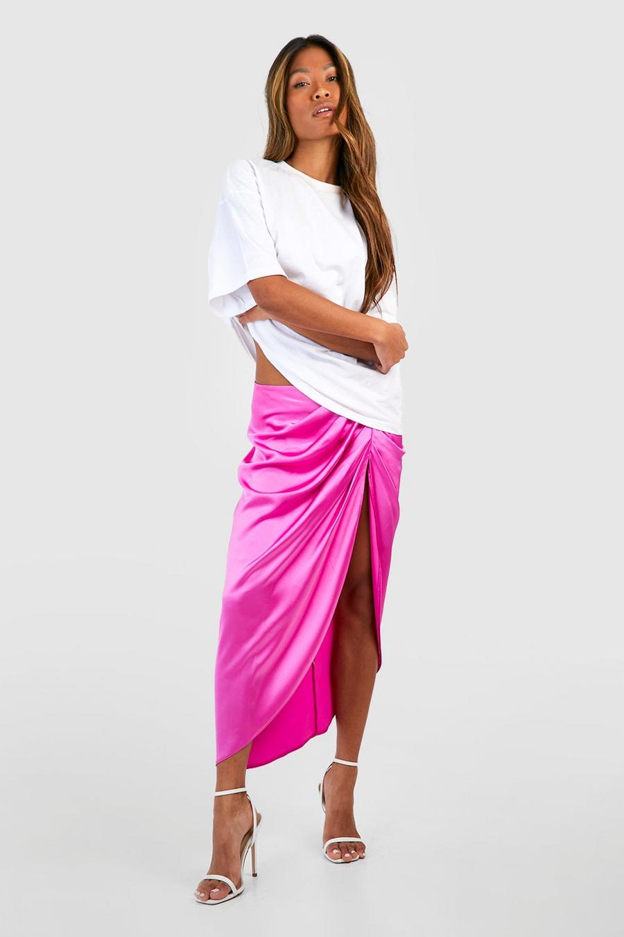 Hot pink rosa Satin Ruched Midi Skirt