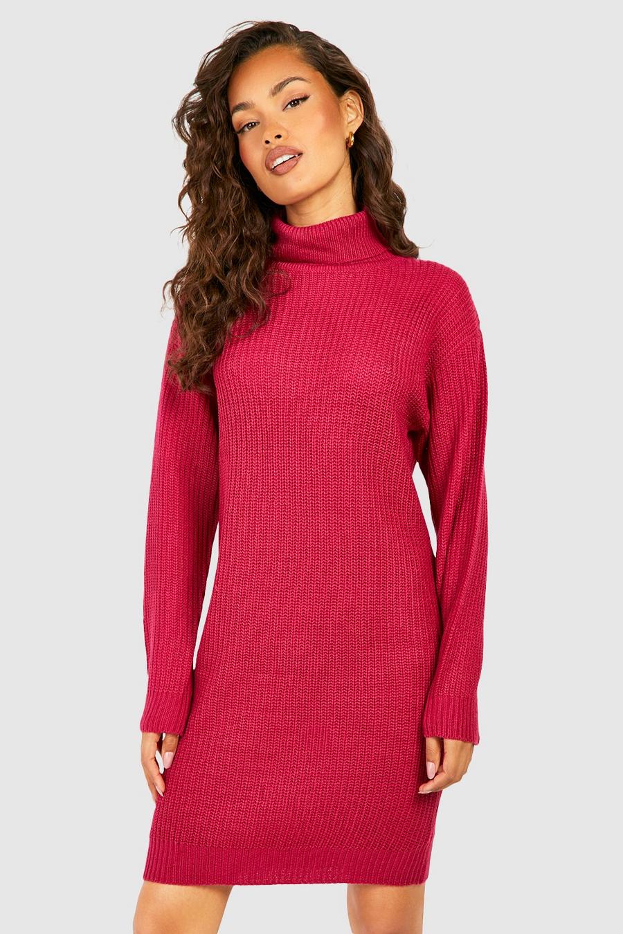 Raspberry Basic Turtleneck Sweater Dress