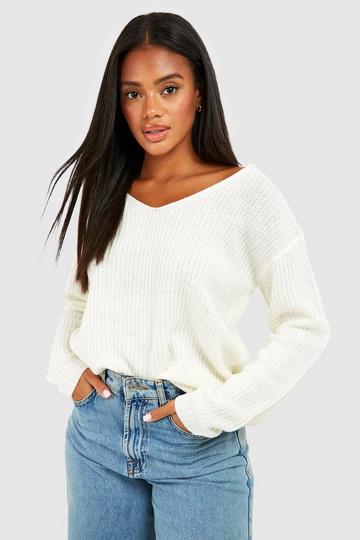 Cream White Basic V Neck Sweater