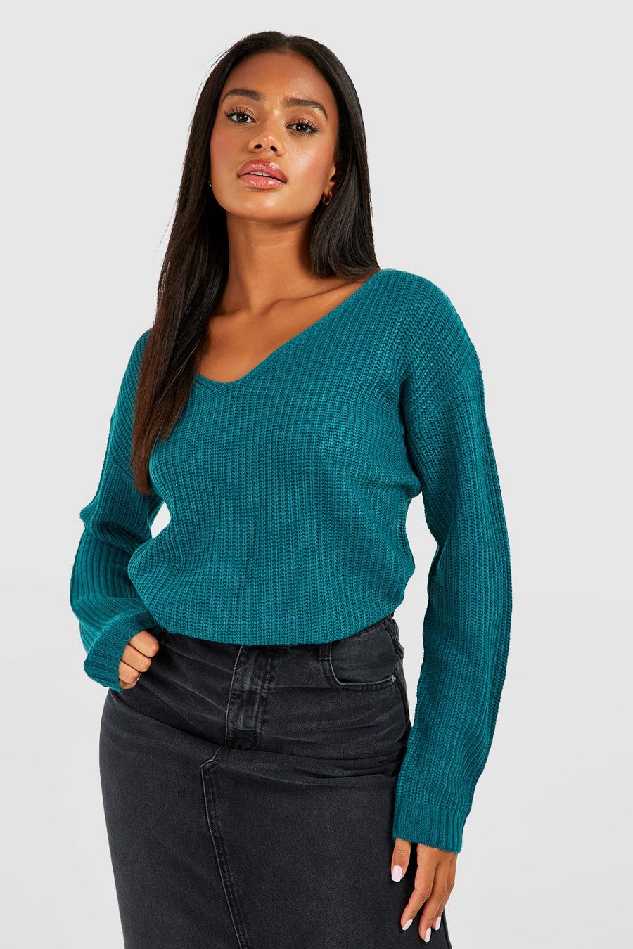 Jade green Basic V Neck Sweater image number 1