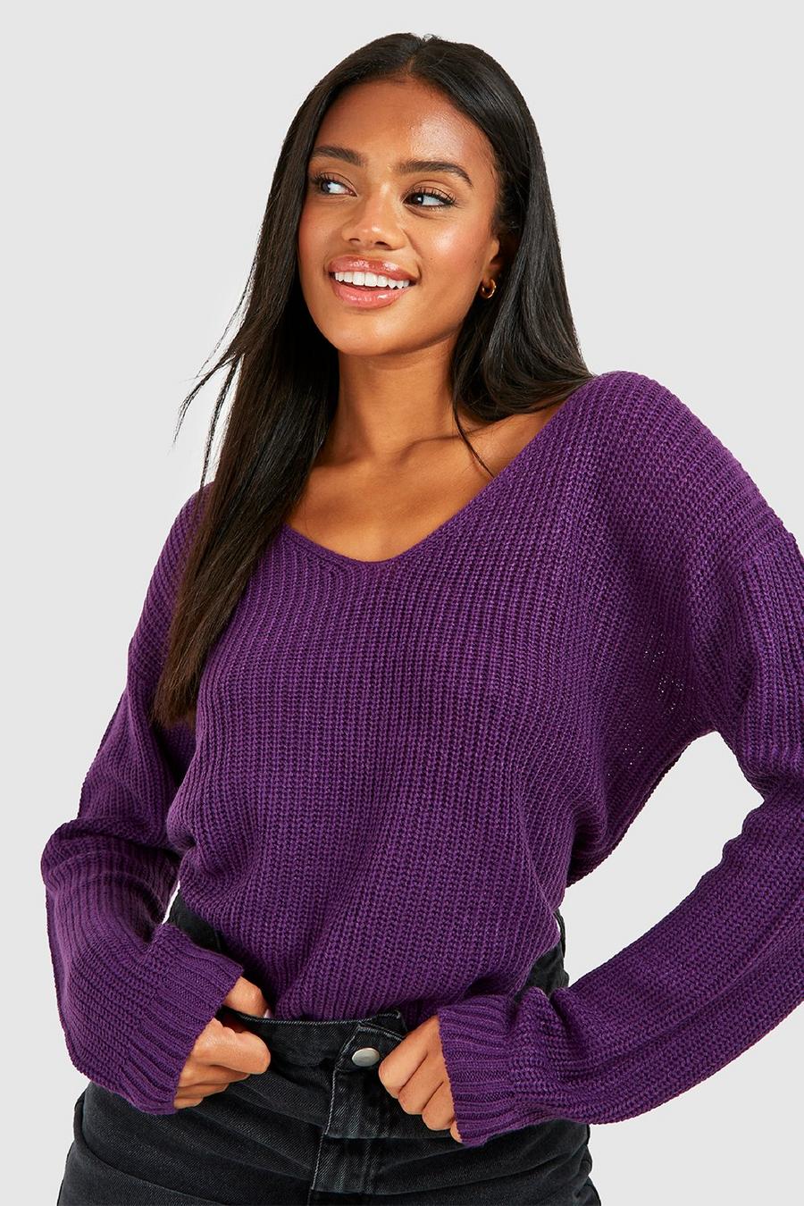 Purple Basic V Neck Sweater image number 1