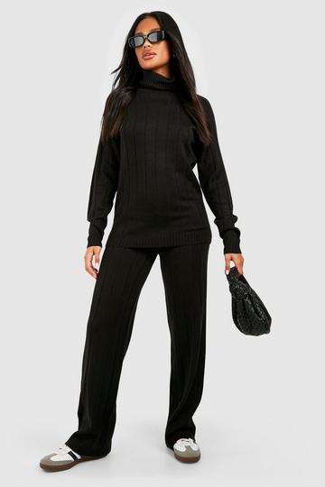 Black Wide Rib Turtleneck & Pants Knitted Two-Piece