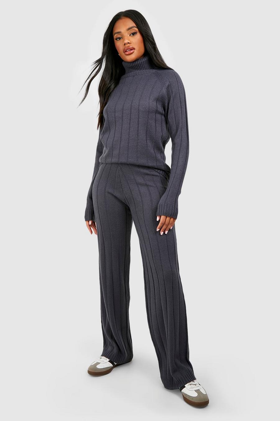 Set coordinato in maglia a coste ampie con collo alto & pantaloni, Charcoal image number 1