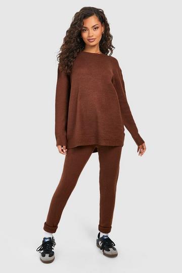 Soft Knit Crew Neck Jumper & Trouser Co-ord brown