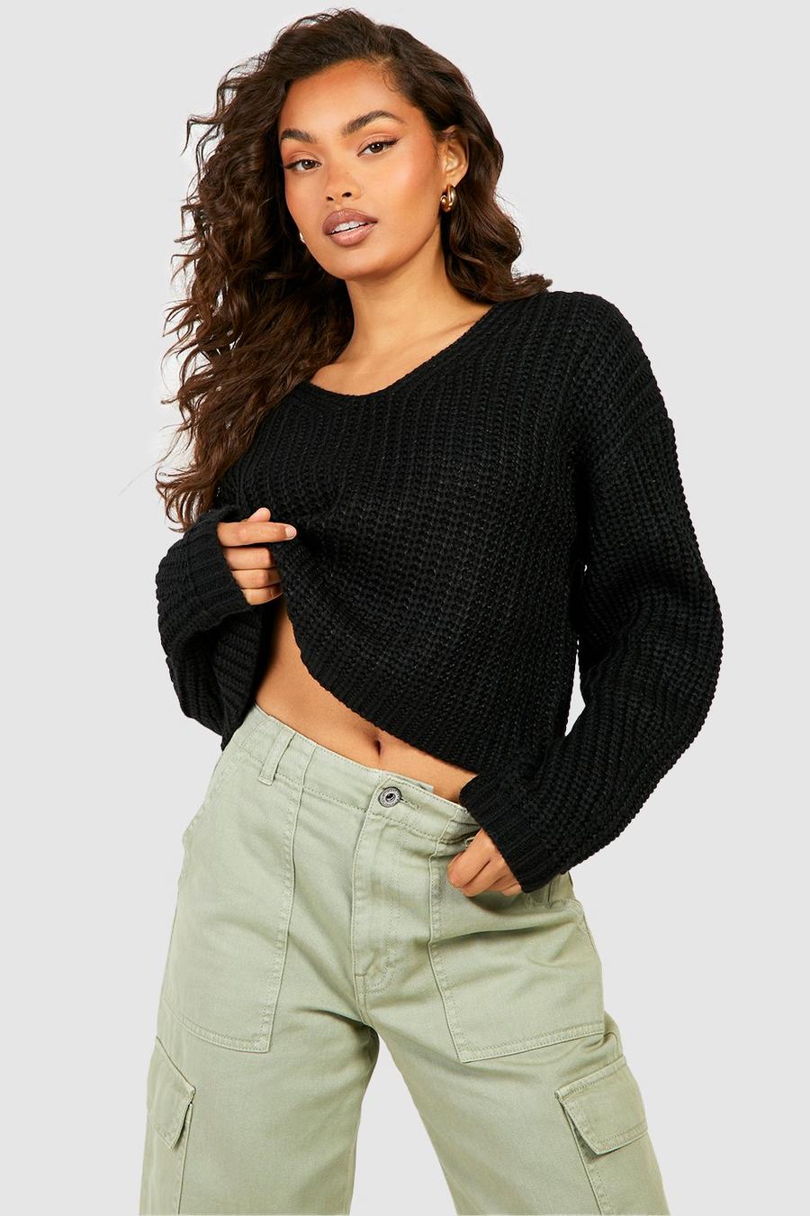 Black Chunky V Neck Sweater