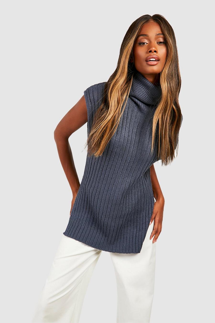 Charcoal Chunky Rib Roll Neck Knitted Tank