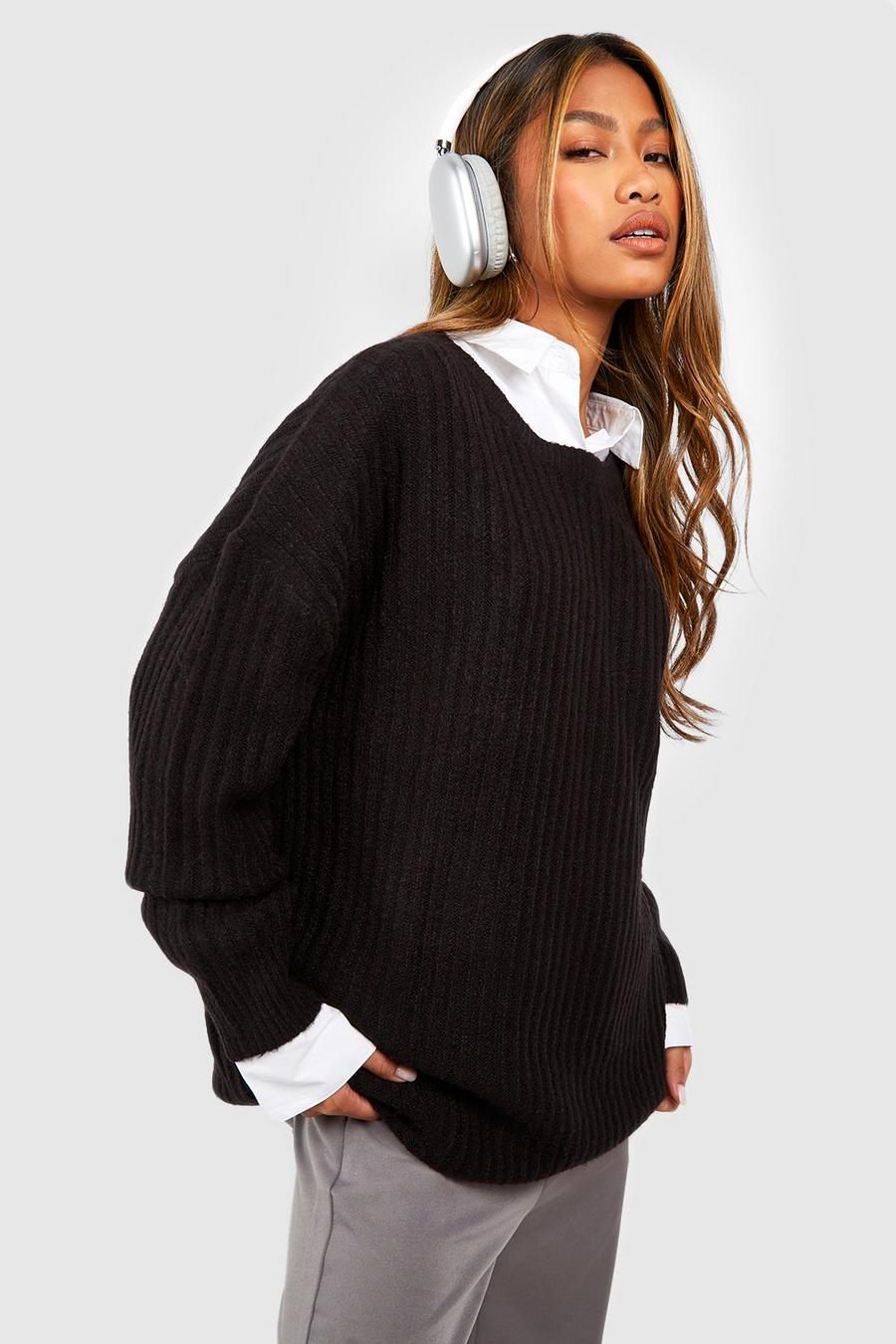 Black Soft Knit Oversized Crew Neck Sweater image number 1