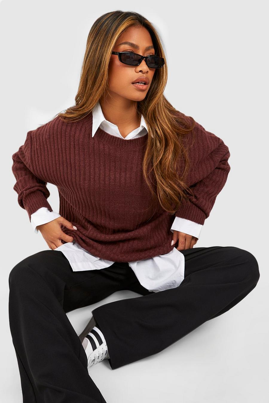 Chocolate brown Soft Knit Oversized Crew Neck Sweater