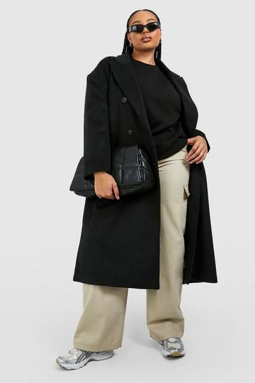 Plus Lange Wollen Oversized Jas Met Schouderpads En Dubbele Knopen black