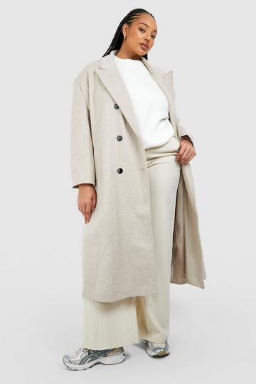 Plus Oversized Shoulder Pad Double Breast Maxi Wool Coat oatmeal