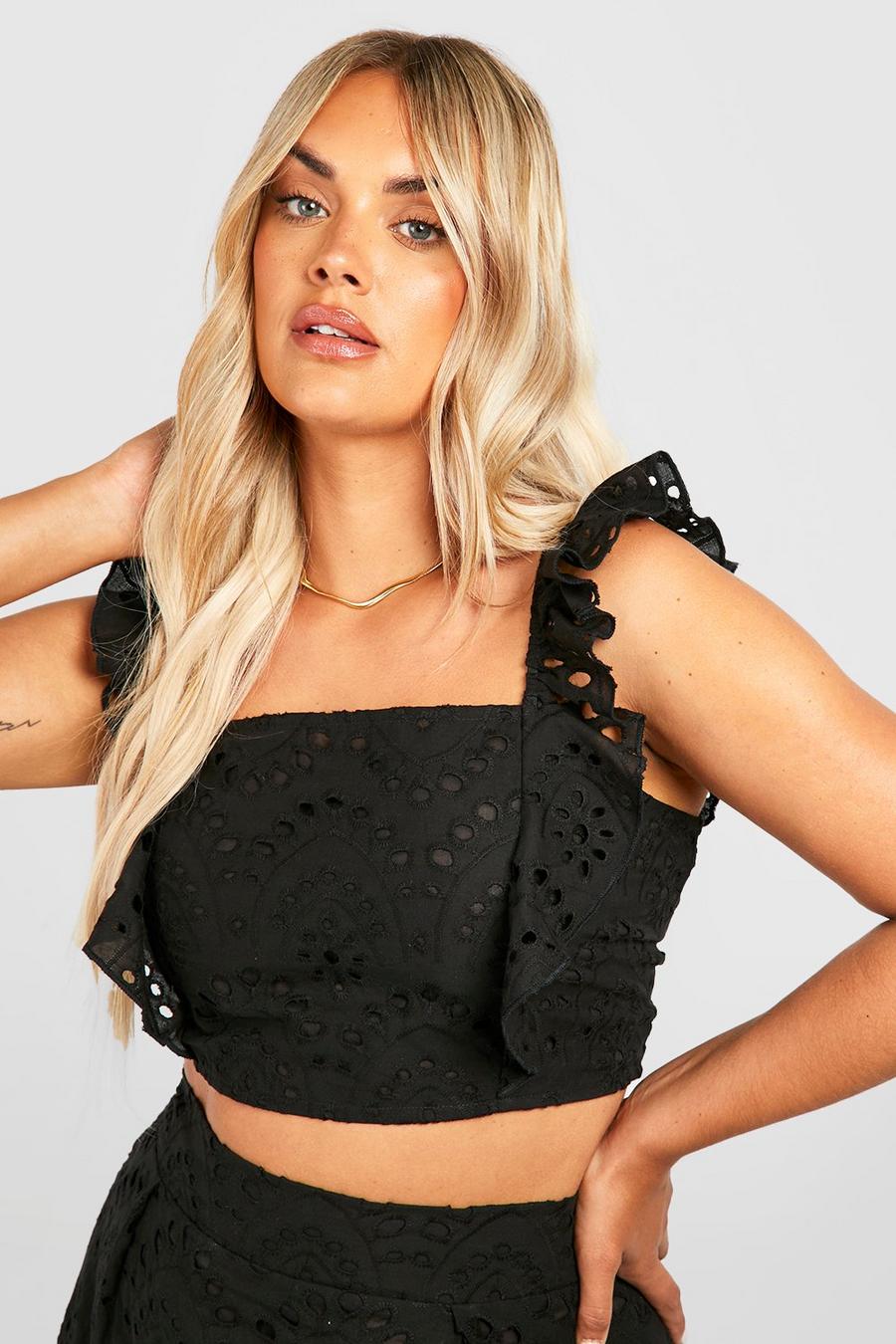 Black Plus Crop top med broderie anglaise image number 1