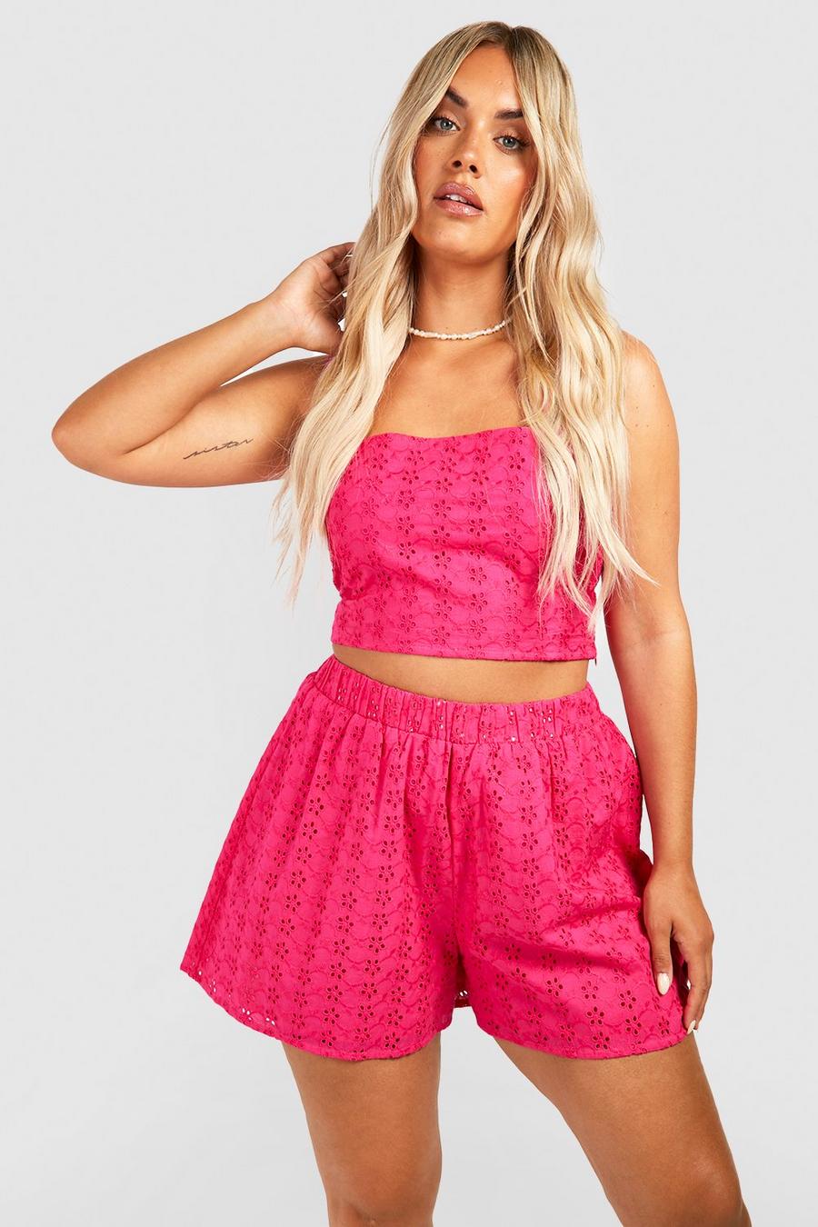 Hot pink Plus Broderie Shorts image number 1