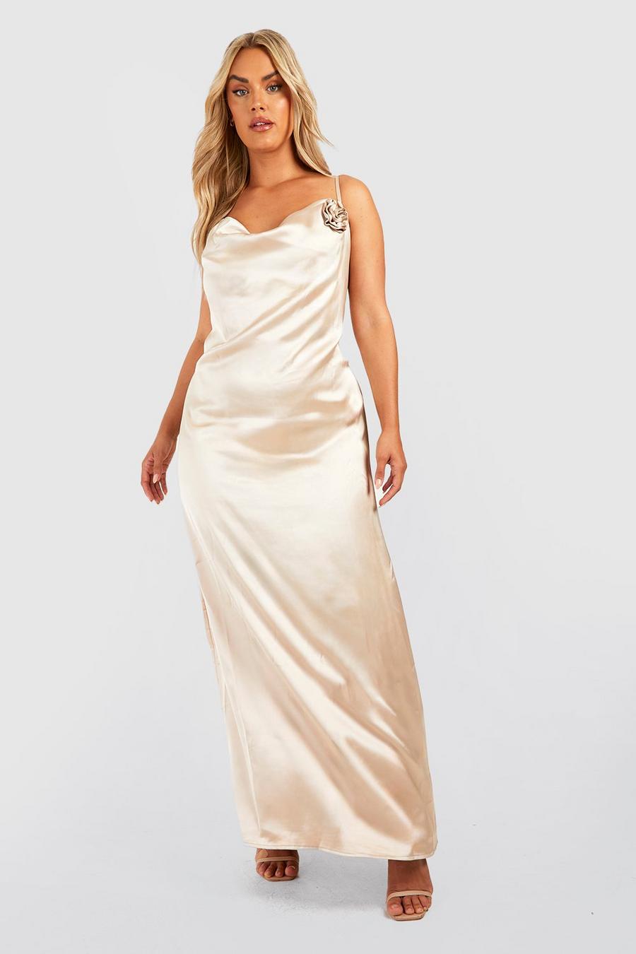 Champagne Plus Satin Occasion Rose Corsage Maxi Dress image number 1