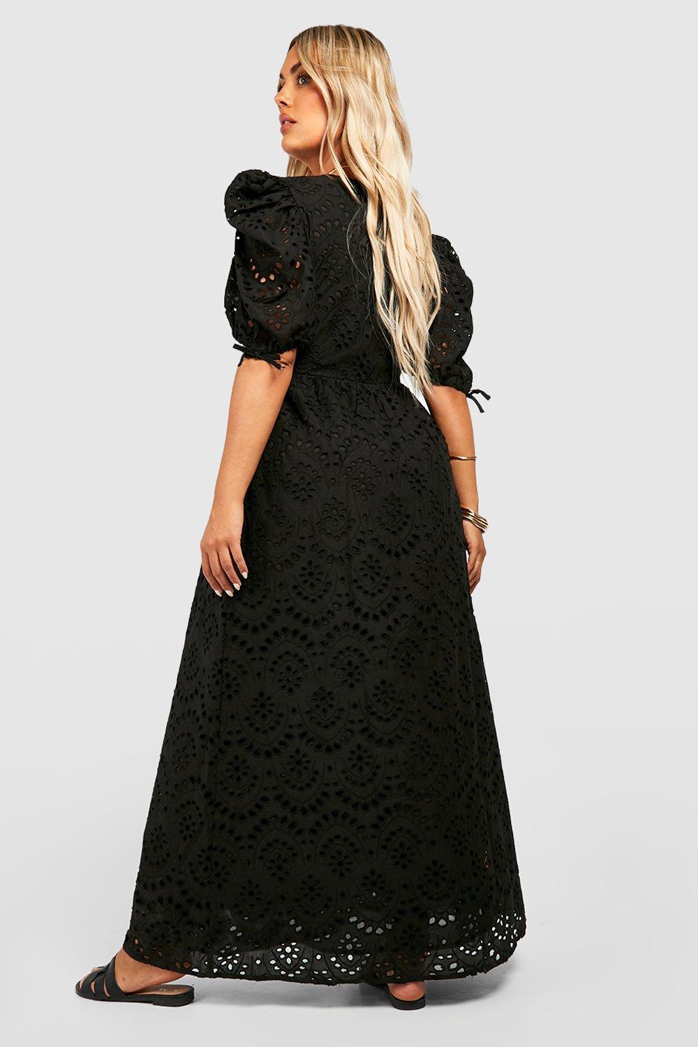 Eyelet Puff Sleeve Tie Front Maxi Dress