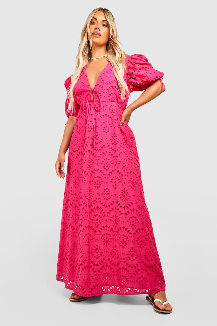 Plus Broderie Puff Sleeve Tie Front Maxi Dress , Hot pink rosa