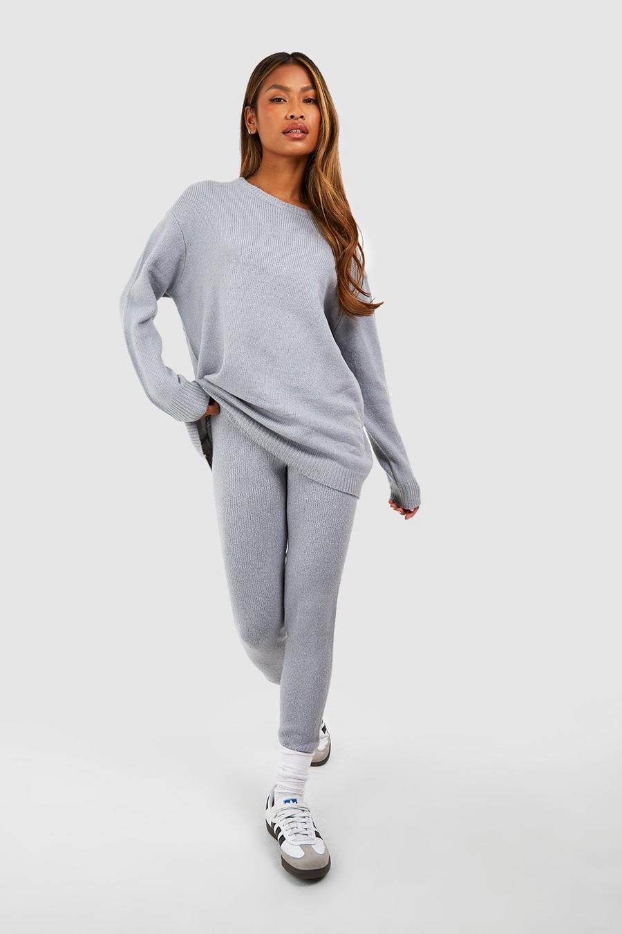 Maglione a girocollo in maglia morbida & pantaloni coordinati, Grey gris