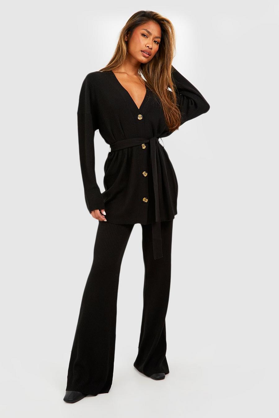 Black Knitted Cardigan & Wide Leg Pants Co-Ord image number 1