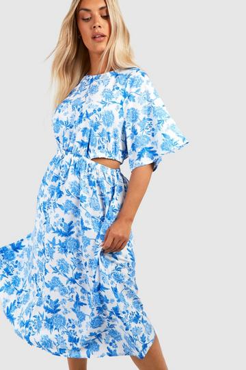 Plus Floral Angel Sleeve Midi Dress blue