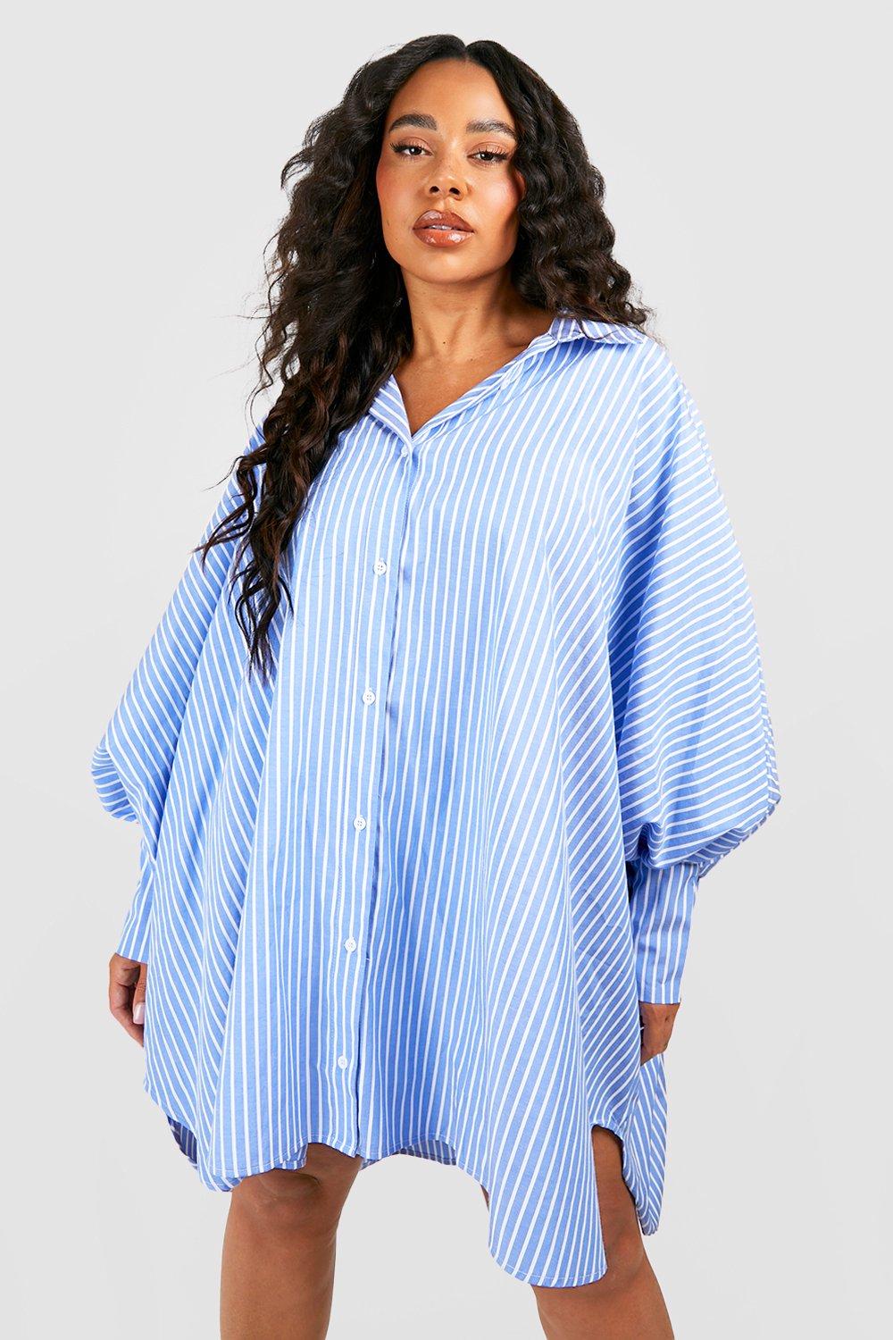 Plus Stripe Oversized Batwing Balloon Sleeve Shirt Dress | boohoo