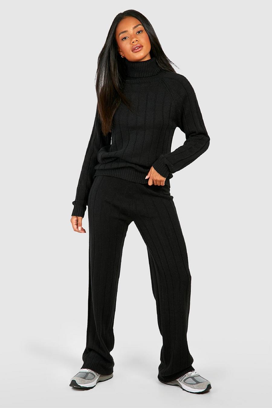 Black Wide Rib Turtleneck & Pants Knitted Co-Ord image number 1