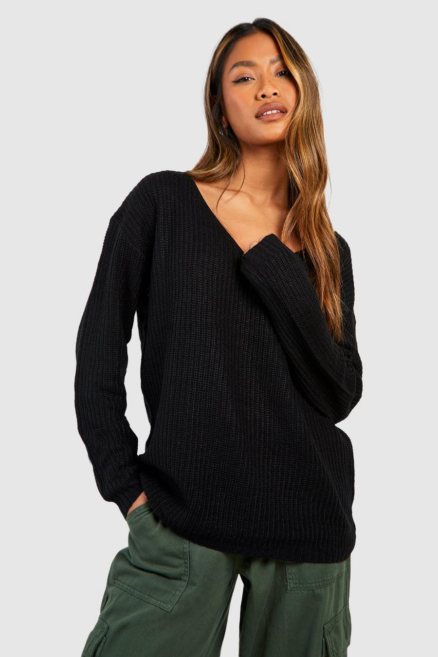 Black Basic V Neck Sweater image number 1